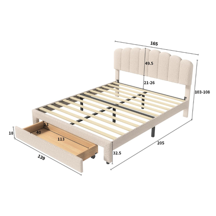 Lit 2 places 160x200 avec tiroir – Tête de lit teddy Molletonnée réglable beige