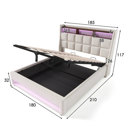 Lit coffre 180x200 avec rangement – Tissu Blanc ou Gris & LED