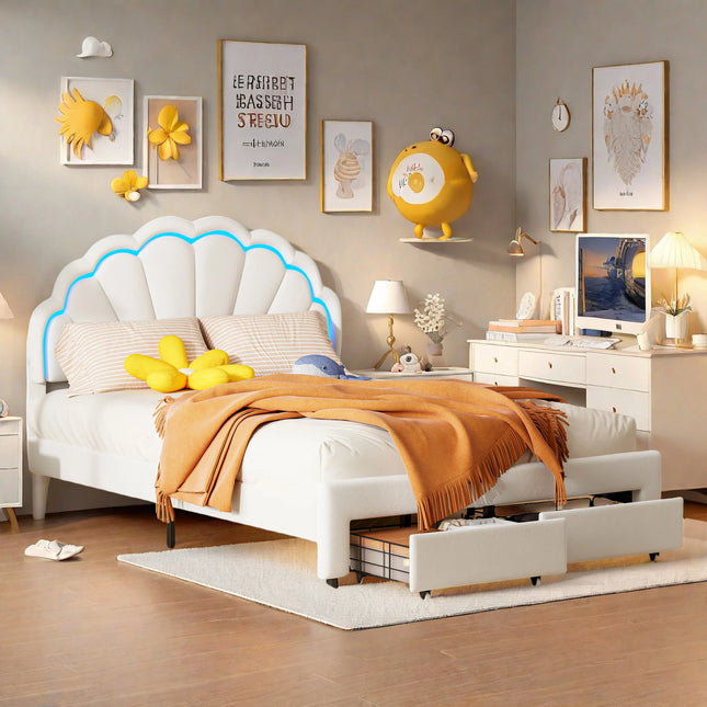 Lit 2 places 140x200 avec tiroir de rangement – Tête fleur LED