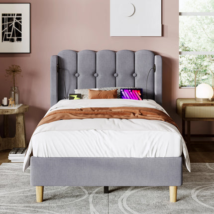 Lit 1 place 90x200 – Tête de lit rembourrée avec ports USB & Type-C Gris