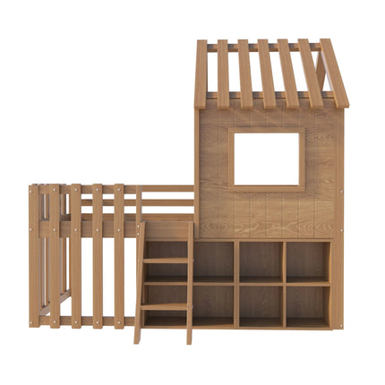 Lit cabane 90x200 en bois – Maison avec barrière et rangements ouverts