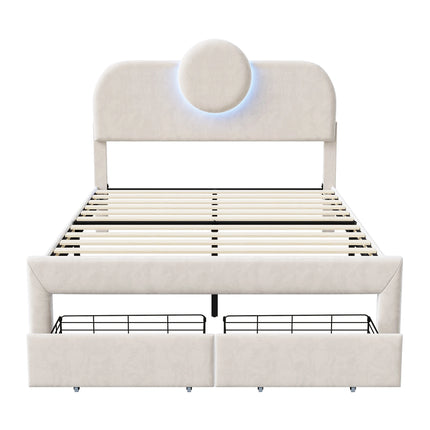 Lit 2 places 140x200 en velours avec rangement – Tête ronde LED