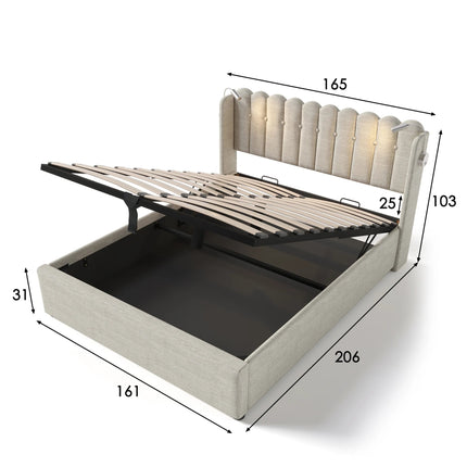 Lit coffre 2 places 160x200 avec rangement – Tissu beige avec lampe & USB