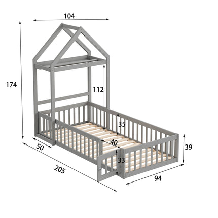 Lit cabane 90x200 en bois – Avec barrières sécurisées Blanc ou Gris