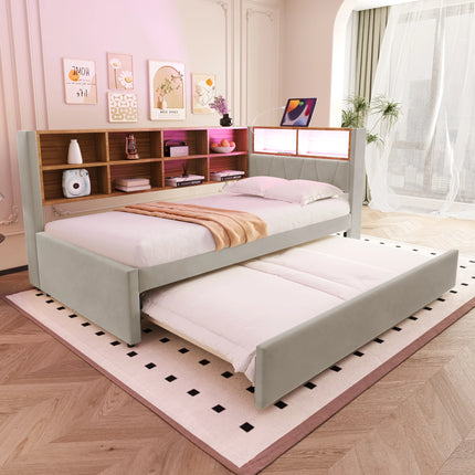 Lit gigogne 1 place 90x200 avec rangements et LED – Beige