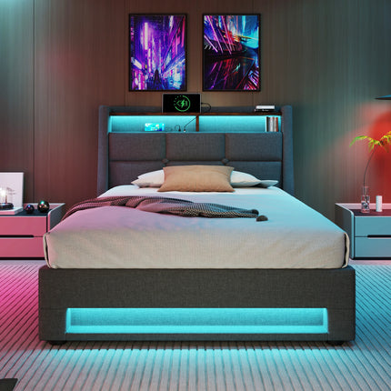 Lit coffre 180x200 avec rangement – Tissu Blanc ou Gris & LED