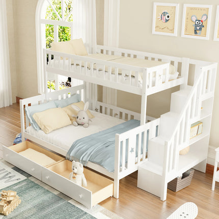 Lit cabane superposé 90x200 et 140x200 – Modèle blanc avec barrière & escalier rangement