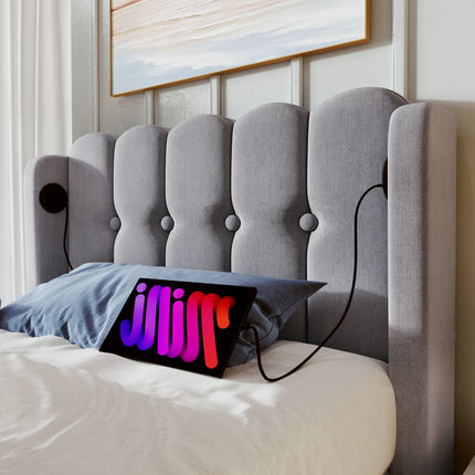 Lit 1 place 90x200 – Tête de lit rembourrée avec ports USB & Type-C Gris