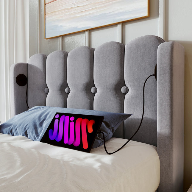 Lit 1 place 90x200 – Tête de lit rembourrée avec ports USB & Type-C Gris