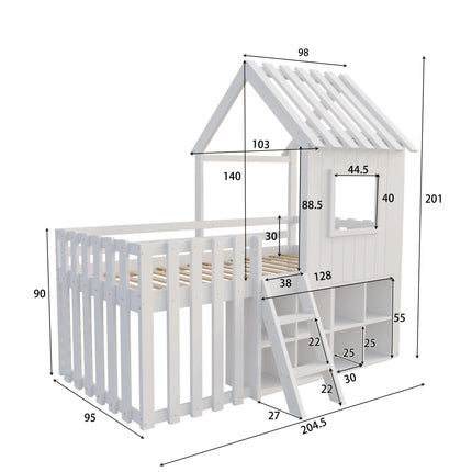Lit cabane 90x200 en bois – Maison avec barrière et rangements ouverts