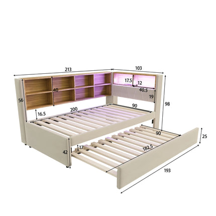 Lit gigogne 1 place 90x200 avec rangements et LED – Beige