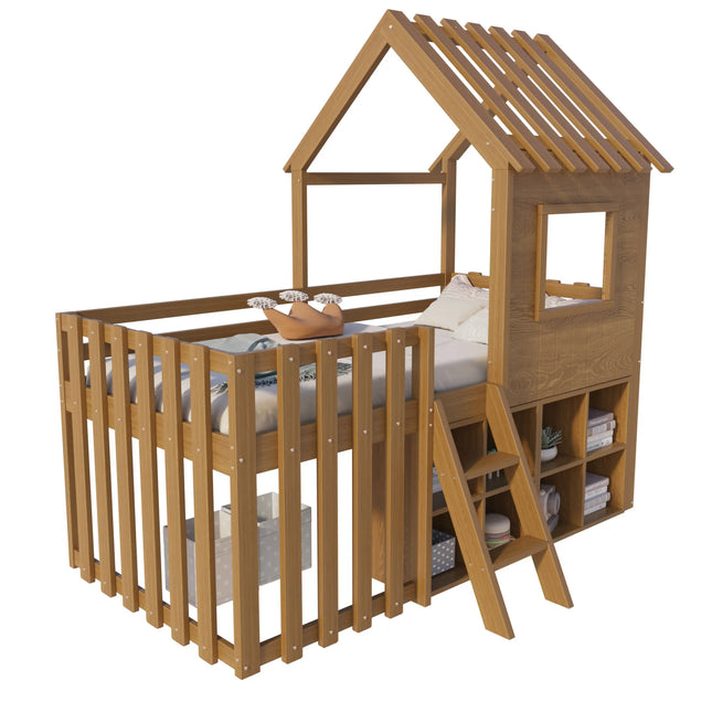 Lit cabane 90x200 en bois – Maison avec barrière et rangements ouverts