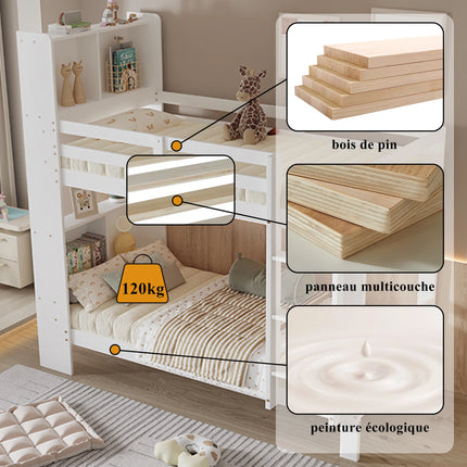 Lit mezzanine 2 lits 1 place 90x200 – Bois blanc avec rangements intégrés