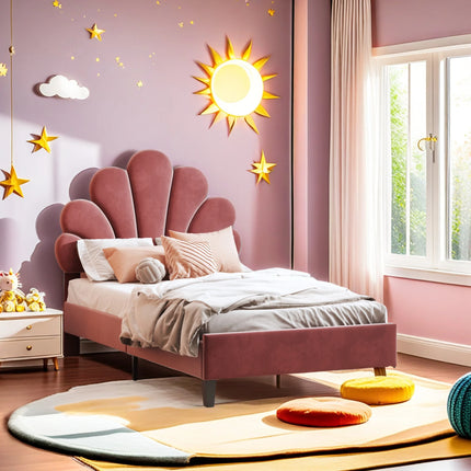 Lit 2 places 140x200 – Velours avec tête de lit fleur rembourrée Beige ou Vieux rose