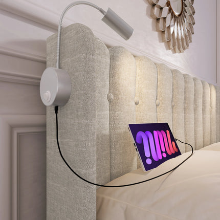 Lit coffre 2 places 160x200 avec rangement – Tissu beige avec lampe & USB