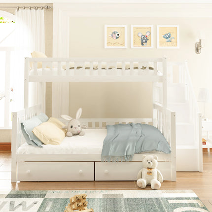 Lit cabane superposé 90x200 et 140x200 – Modèle blanc avec barrière & escalier rangement