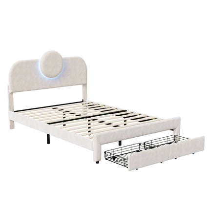 Lit 2 places 140x200 en velours avec rangement – Tête ronde LED