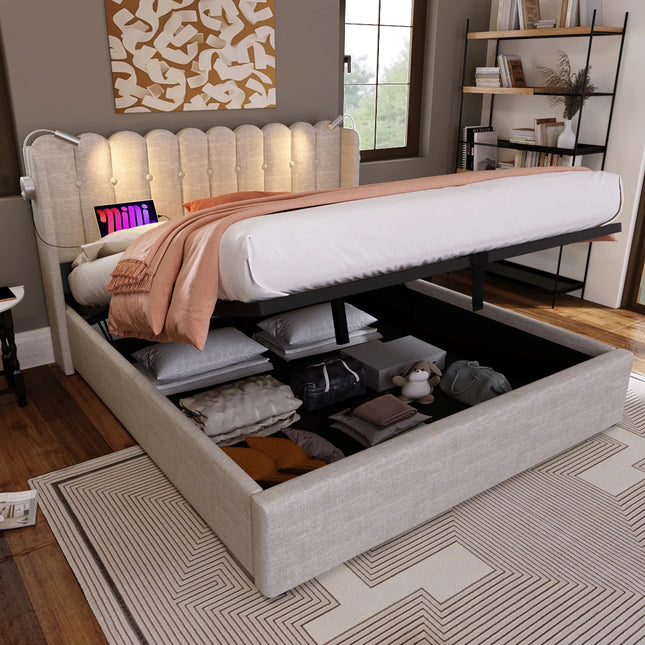 Lit coffre 2 places 160x200 avec rangement – Tissu beige avec lampe & USB