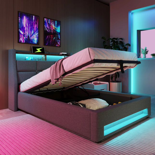 Lit coffre 140x200 avec rangement – Tissu Blanc ou Gris & LED