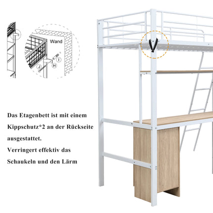Lit mezzanine 1 place 90x200 – Métal blanc avec bureau, armoire et rangements