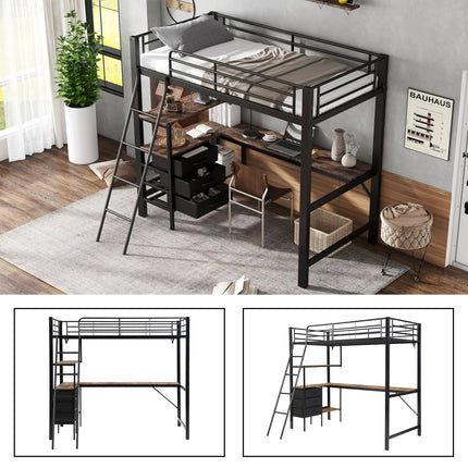 Lit mezzanine 1 place 90x200 – Métal noir avec bureau et rangements