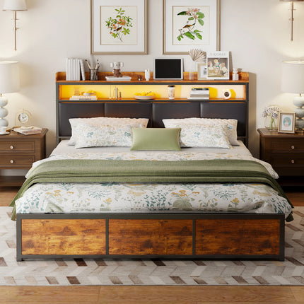 Lit 180x200 avec rangements – Capitonné noir et bois & LED avec tiroirs intégrés