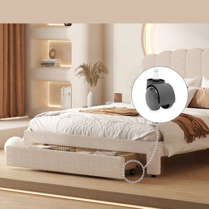 Lit 2 places 140x200 avec tiroir – Tête de lit teddy Molletonnée réglable beige