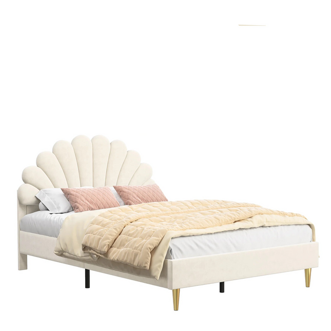 Lit 2 places 140x200 – Design pétale en velours beige