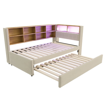 Lit gigogne 1 place 90x200 avec rangements et LED – Beige