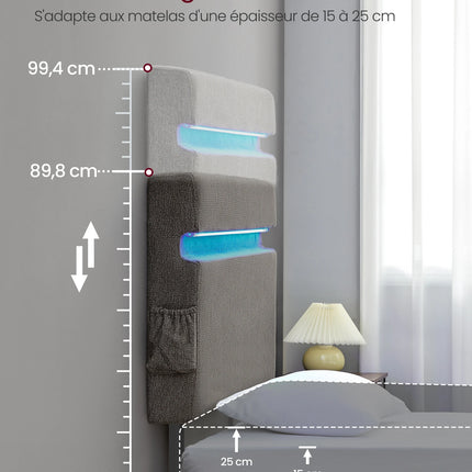 Lit 1 place 90x190 – Structure métal avec LED, USB & Type-C Gris
