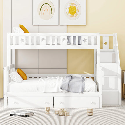 Lit cabane superposé 90x200 et 140x200 – Modèle blanc avec barrière & escalier rangement