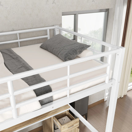 Lit mezzanine 1 place 90x200 – Métal blanc avec bureau, armoire et rangements