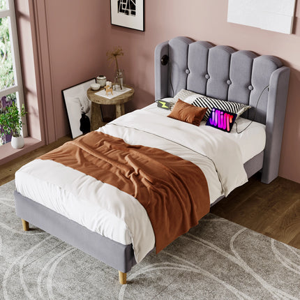 Lit 1 place 90x200 – Tête de lit rembourrée avec ports USB & Type-C Gris