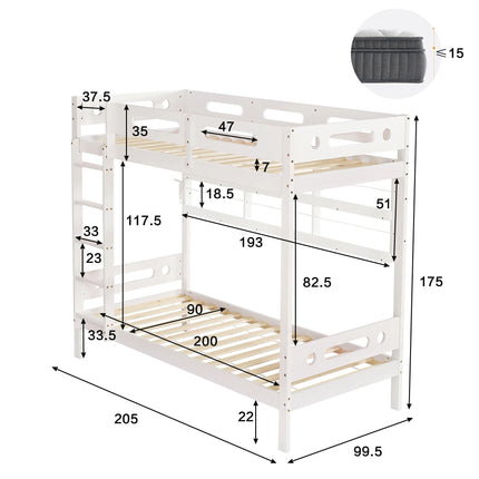 Lit mezzanine 1 place 90x200 - 2 couchages Bois blanc avec échelle 5 marches et rangements