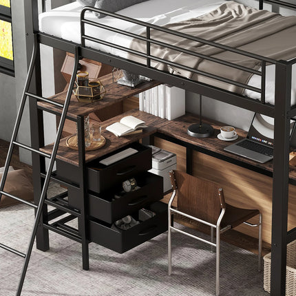 Lit mezzanine 1 place 90x200 – Métal noir avec bureau et rangements