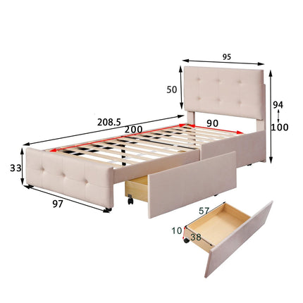 Lit 1 place 90x200 avec tiroirs de rangement – Velours capitonné