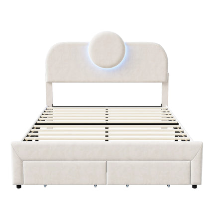 Lit 2 places 140x200 en velours avec rangement – Tête ronde LED