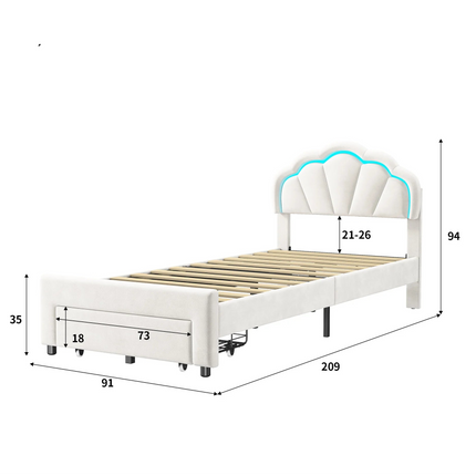 Lit 1 place 90x200 avec tiroir de rangement – Tête fleur LED