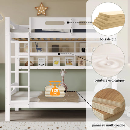 Lit mezzanine 1 place 90x200 - 2 couchages Bois blanc avec échelle 5 marches et rangements