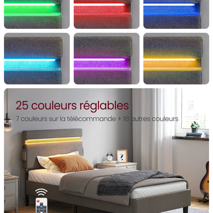 Lit 1 place 90x190 – Structure métal avec LED, USB & Type-C Gris