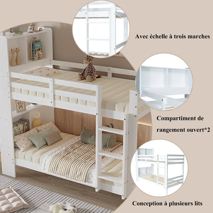 Lit mezzanine 2 lits 1 place 90x200 – Bois blanc avec rangements intégrés