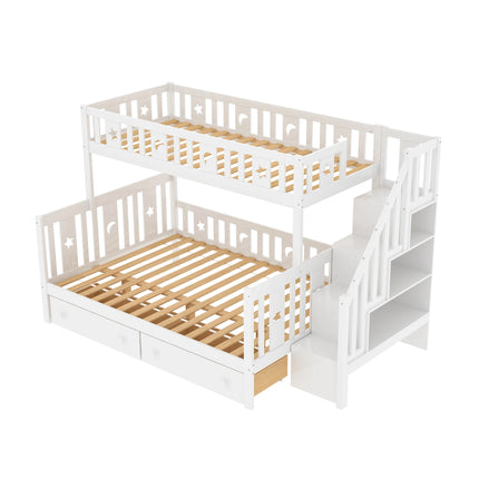 Lit cabane superposé 90x200 et 140x200 – Modèle blanc avec barrière & escalier rangement