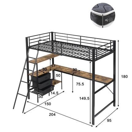 Lit mezzanine 1 place 90x200 – Métal noir avec bureau et rangements