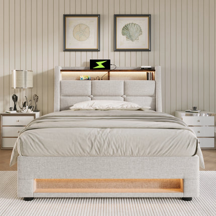 Lit coffre 180x200 avec rangement – Tissu Blanc ou Gris & LED