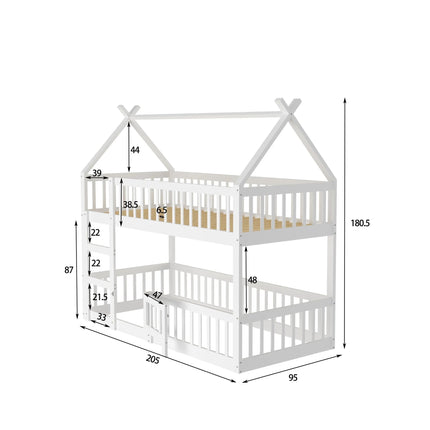 Lit mezzanine 2 lits 1 place 90x190 – Structure bois maison blanche