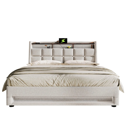 Lit coffre 180x200 avec rangement – Tissu Blanc ou Gris & LED