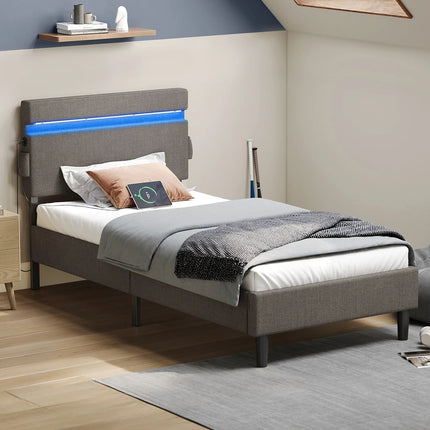 Lit 1 place 90x190 – Structure métal avec LED, USB & Type-C Gris