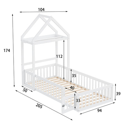 Lit cabane 90x200 en bois – Avec barrières sécurisées Blanc ou Gris