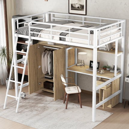 Lit mezzanine 1 place 90x200 – Métal blanc avec bureau, armoire et rangements