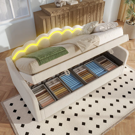 Lit coffre 1 place 90x200 avec rangement – Velours beige